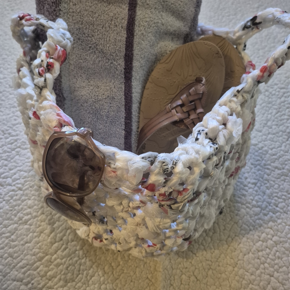 Handmade White and Red Crochet Bag